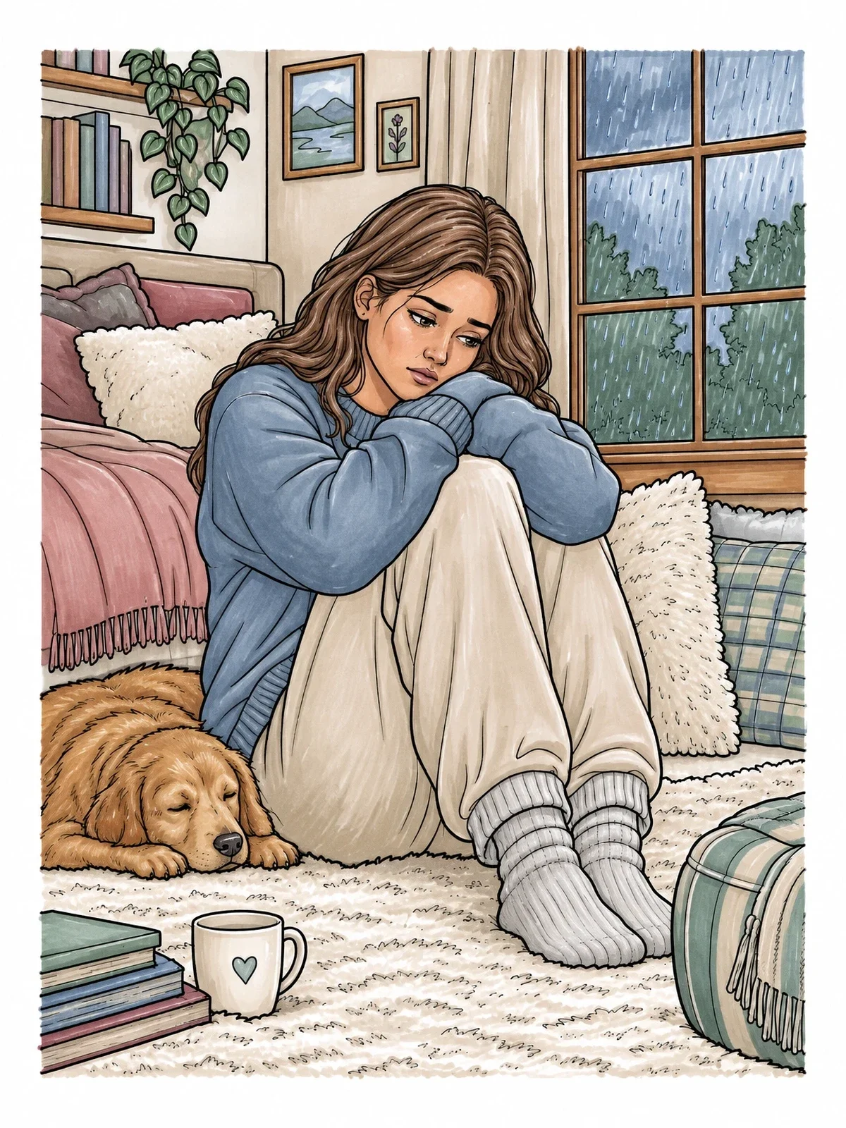 Colored example of the Melancholy Rainy Day By The Window coloring page