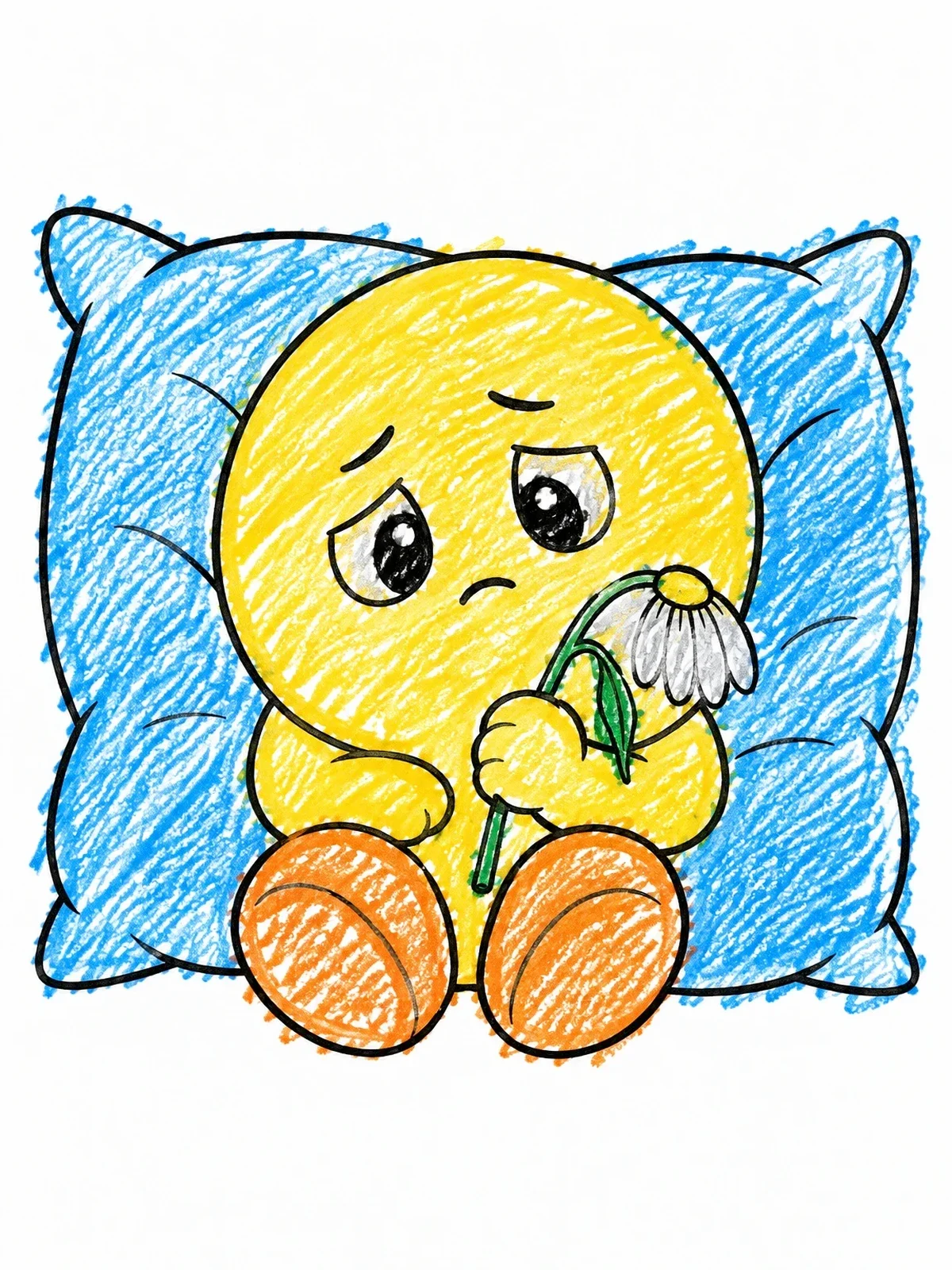 Colored example of the Sad Little Character With Wilted Flower coloring page