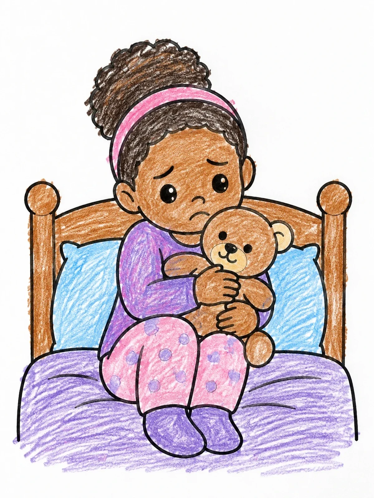 Colored example of the Sad Child Hugging Teddy Bear coloring page