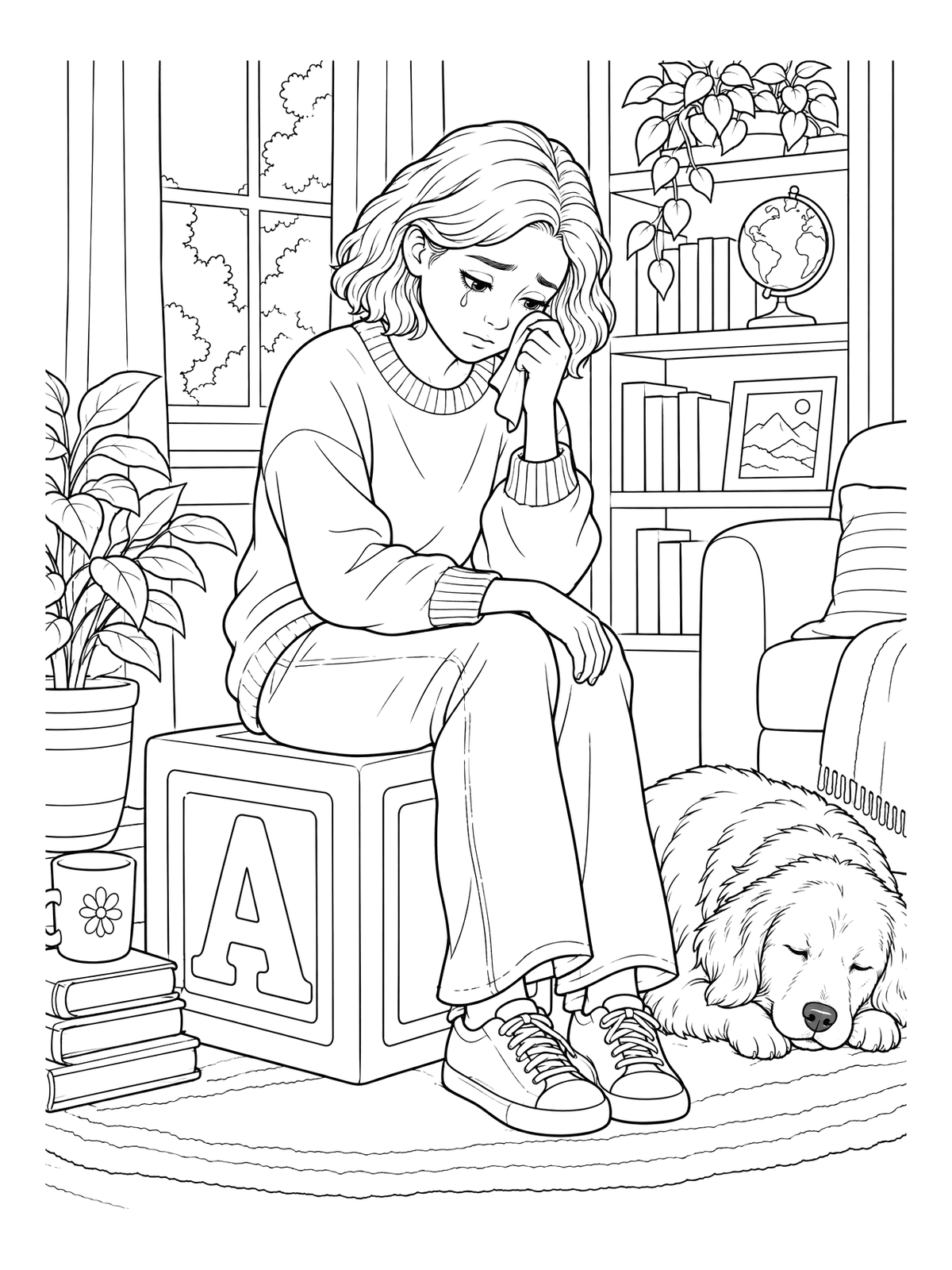 Sad Drawinds Sad Girl Wiping Away Tears โ Sadness Coloring Page