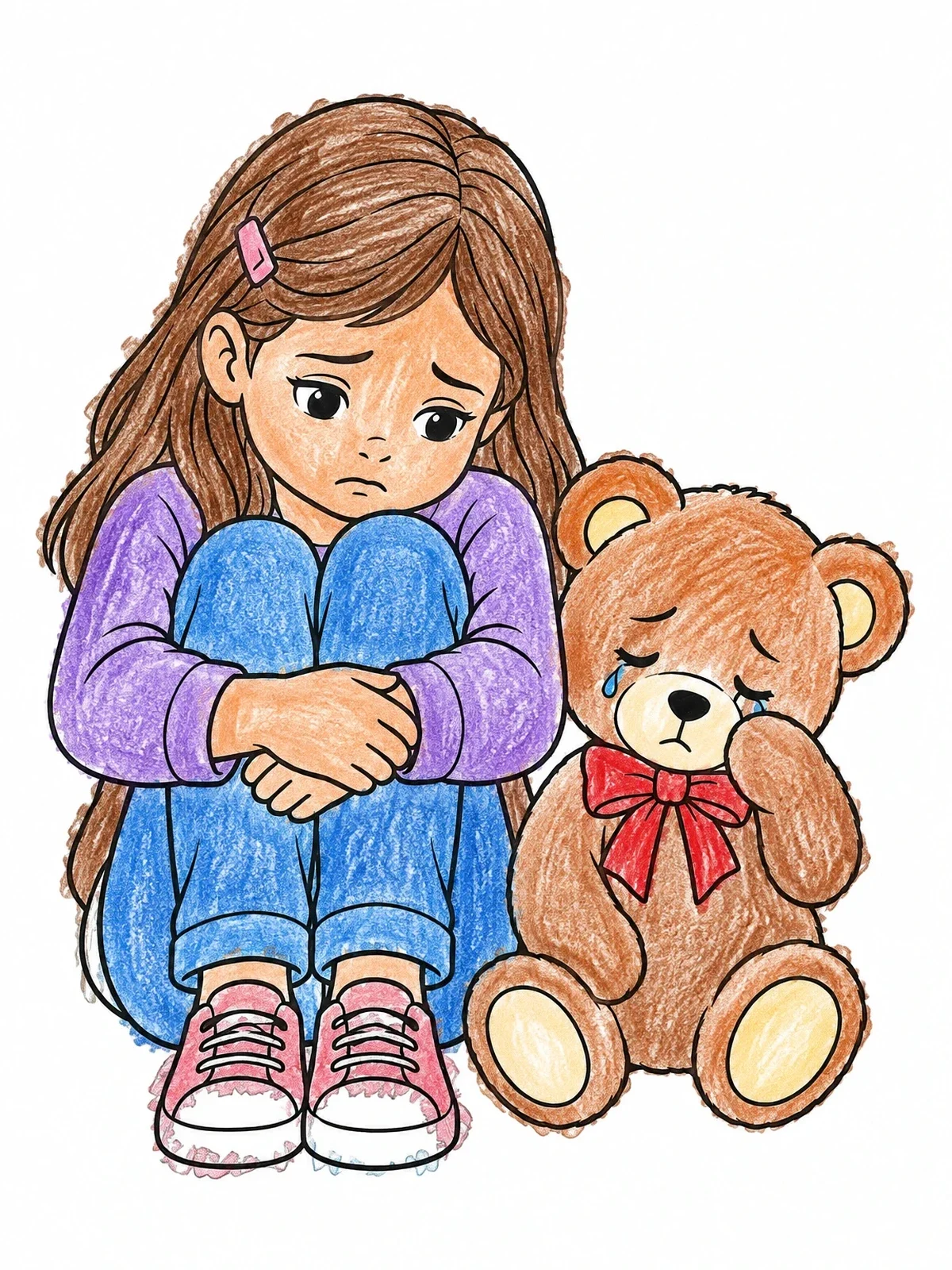 Colored example of the Sad Girl Sitting Beside Crying Teddy Bear coloring page
