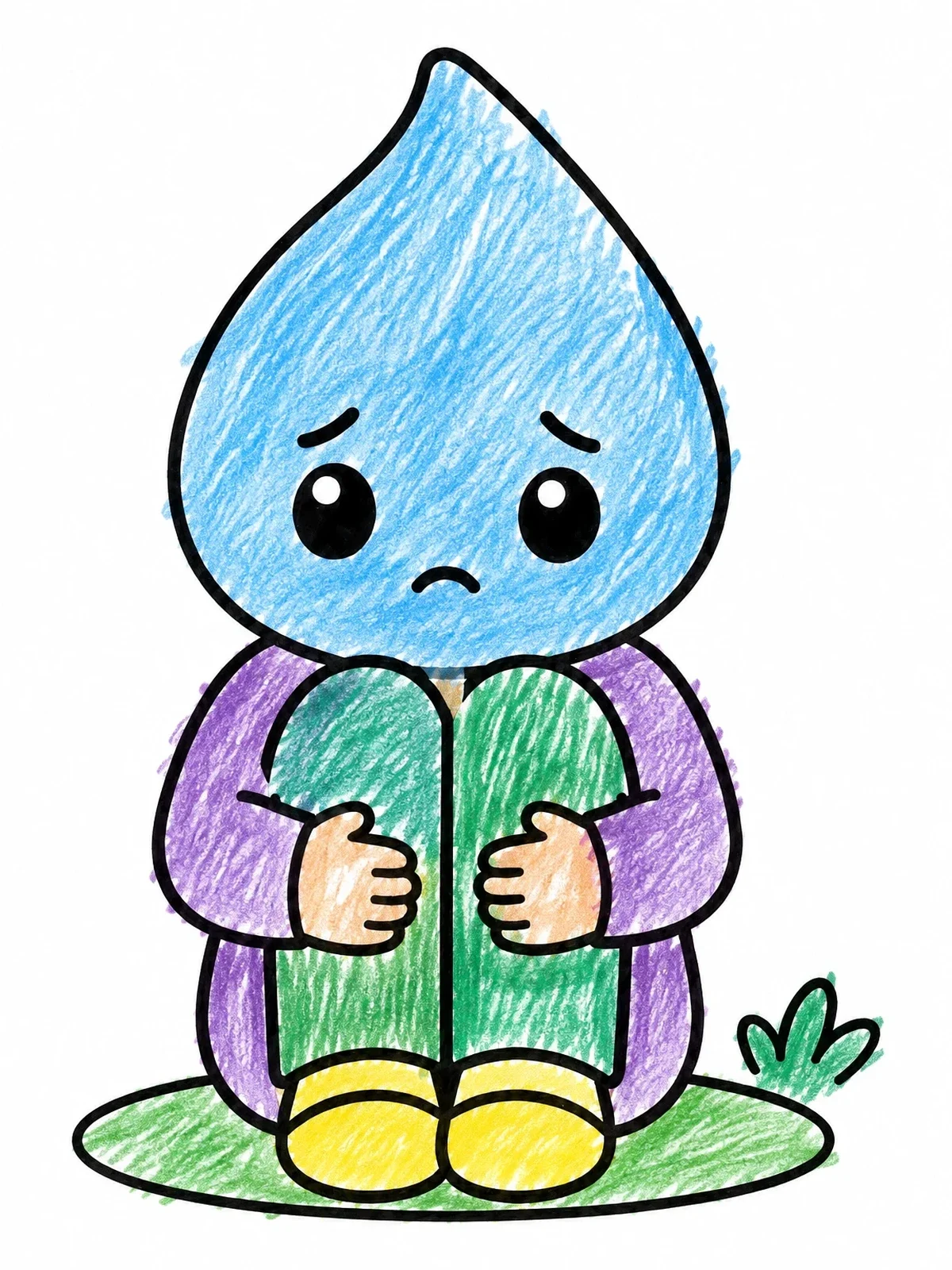 Colored example of the Sad Little Teardrop Character Hugging Knees coloring page