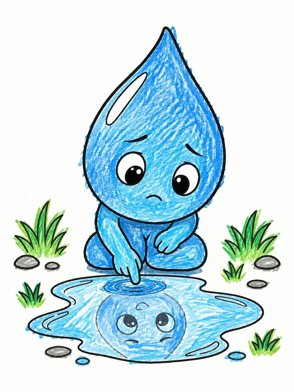 Colored example of the Sad Teardrop Character At Puddle coloring page