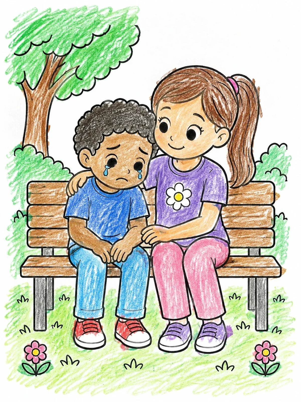 Colored example of the Sister Comforting Her Sad Brother coloring page