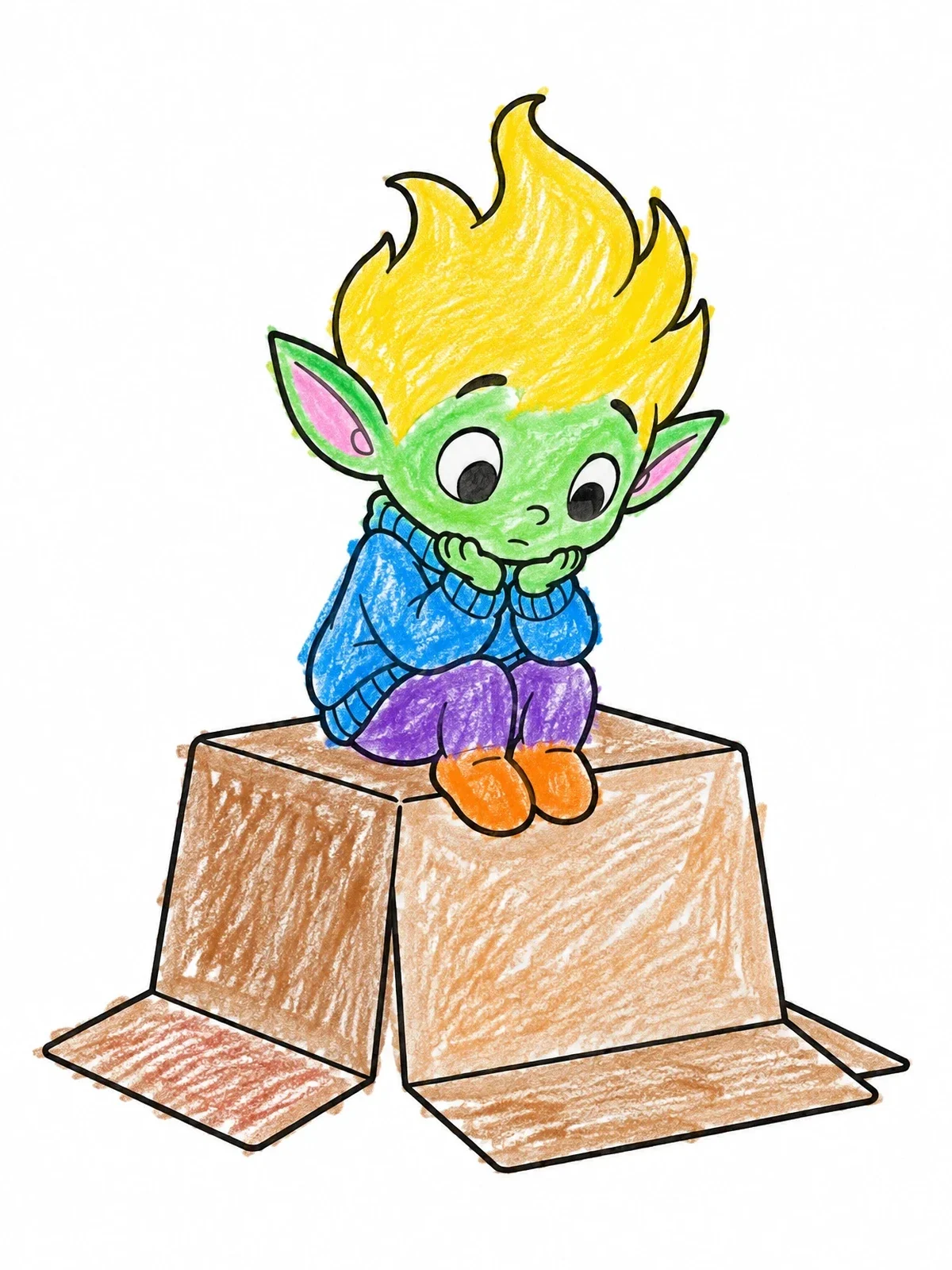 Colored example of the Thoughtful Little Sprite On A Box coloring page