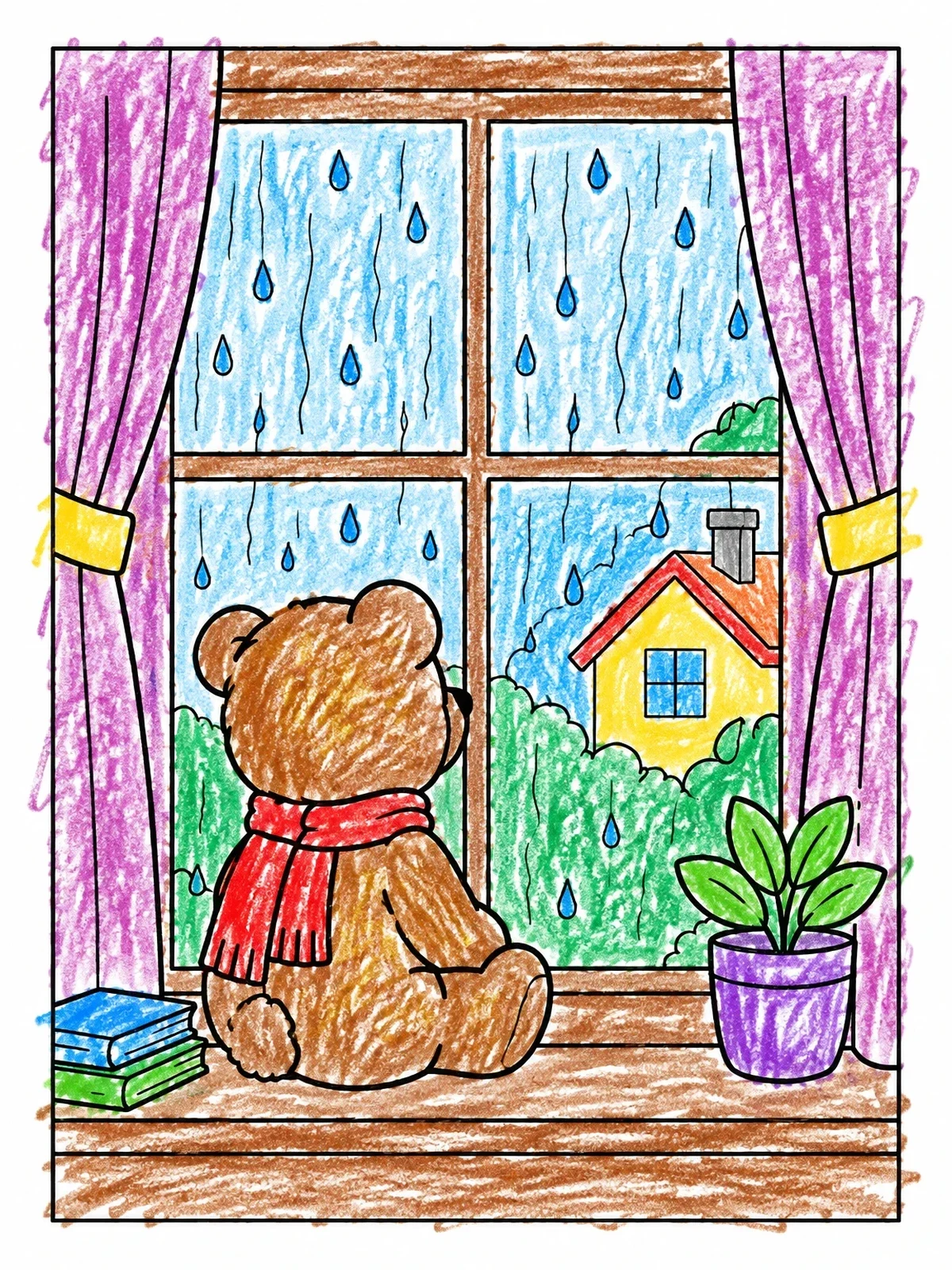 Colored example of the Teddy Bear On Rainy Windowsill coloring page