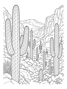 A desert canyon view on this saguaro cactus coloring page with rugged mountains.