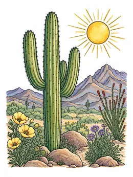 Cactus Draw Color Saguaro Cactus In Desert Bloom Coloring Page