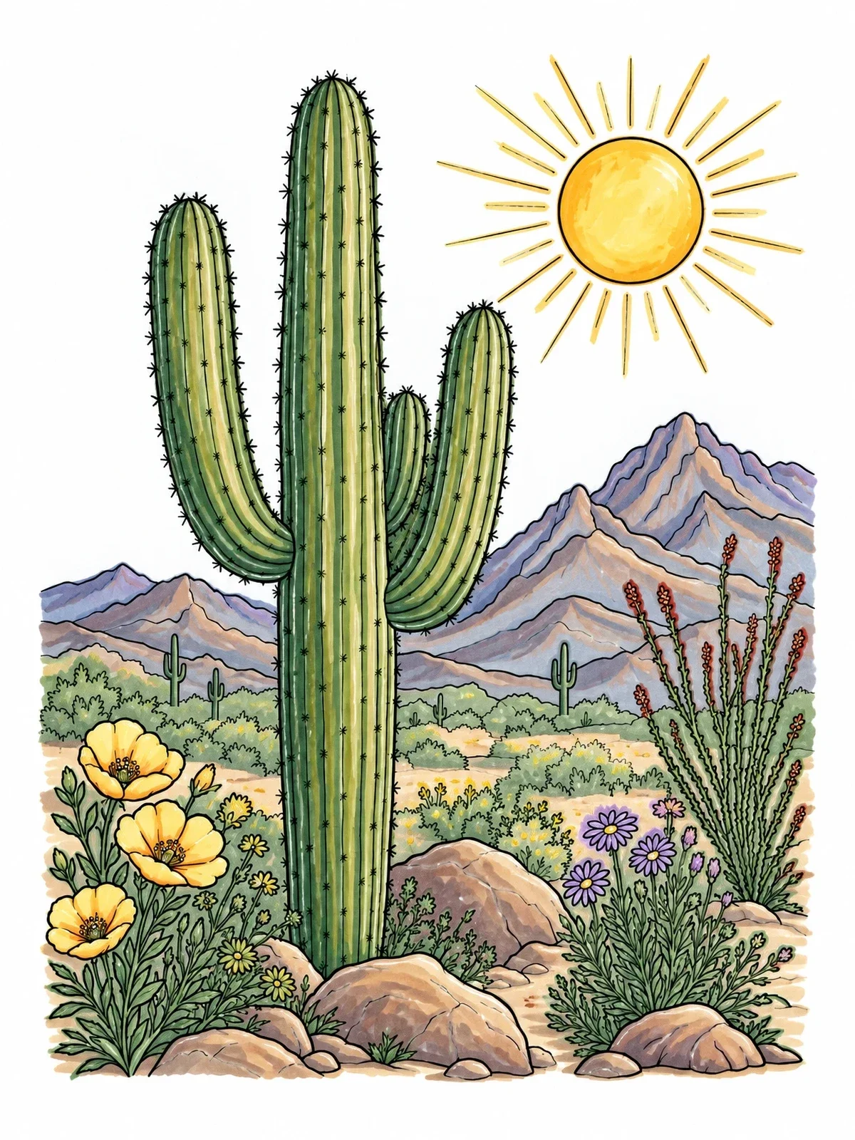 Colored example of the Saguaro Cactus In Desert Bloom coloring page