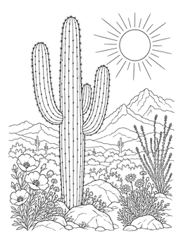 A detailed cactus coloring page showing a saguaro cactus, wildflowers, and mountains under a bright sun.