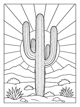 A desert landscape with a saguaro cactus coloring page under bright radiating sunbeams.