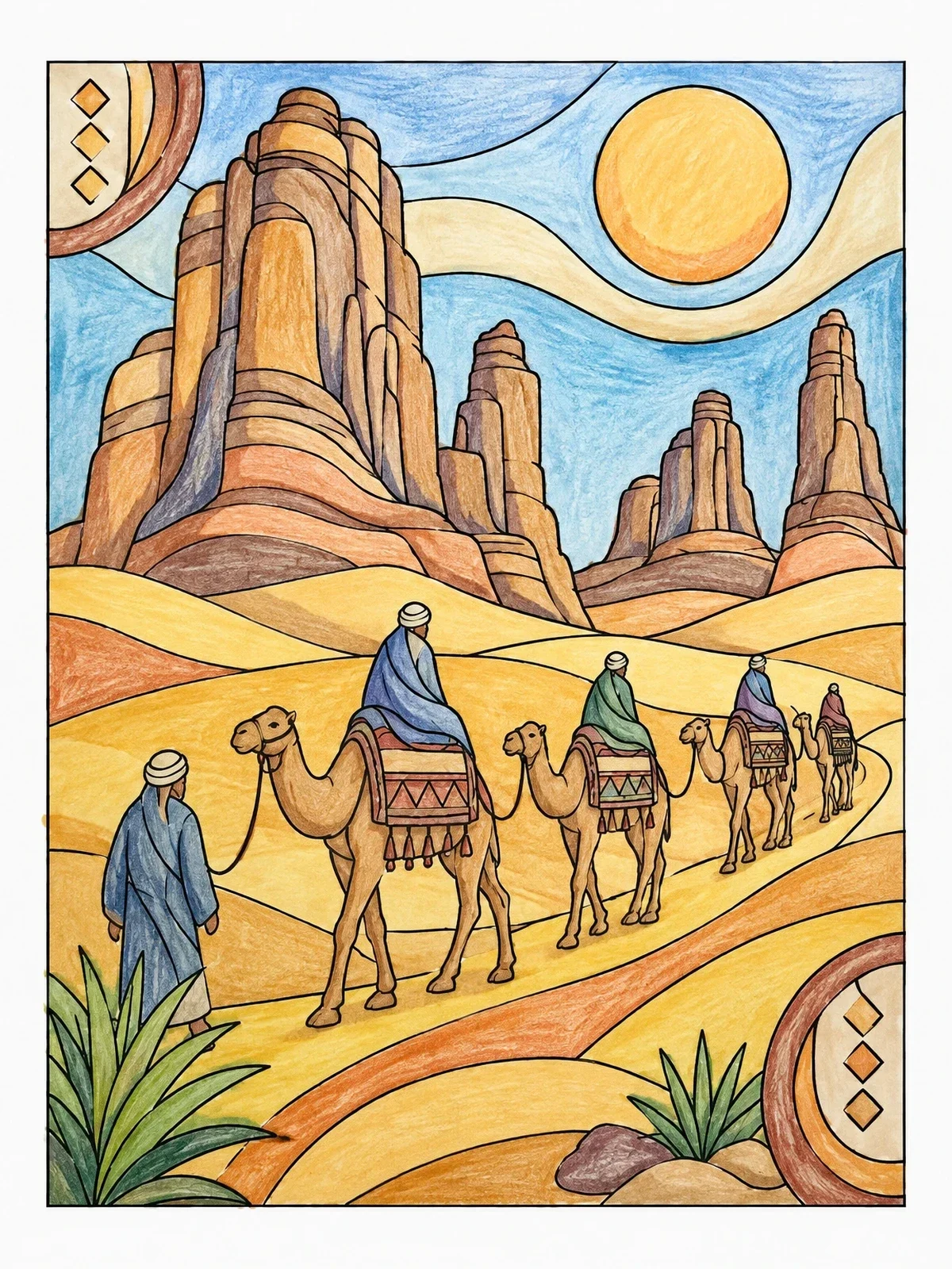 Colored example of the Sahara Desert Caravan In Algeria coloring page