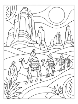 A peaceful caravan trekking through the desert on this Algeria coloring page with sandstone rock formations.