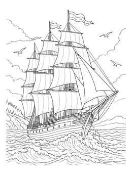 A detailed sail boat coloring page featuring a grand tall ship riding over ocean waves.