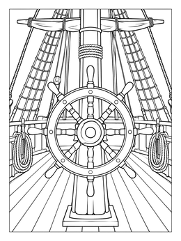 A detailed sail boat coloring page featuring a wooden ship helm, deck planks, and rope rigging.