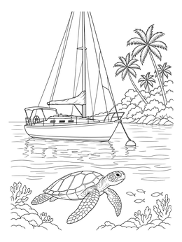 A serene sail boat coloring page featuring an anchored vessel and a swimming sea turtle near an island.