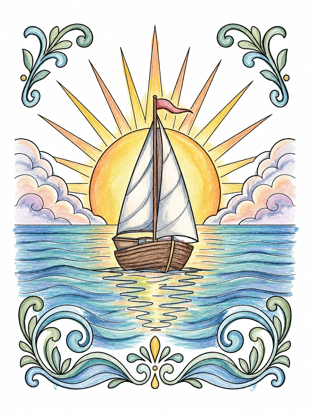 Colored example of the Sailboat At Morning Sunrise coloring page