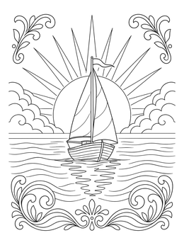 A peaceful sunrise coloring page featuring a sailboat on gentle sea waves framed with ornamental swirls.