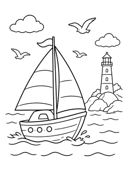 Free printable Sailboat Near Coastal Lighthouse coloring page