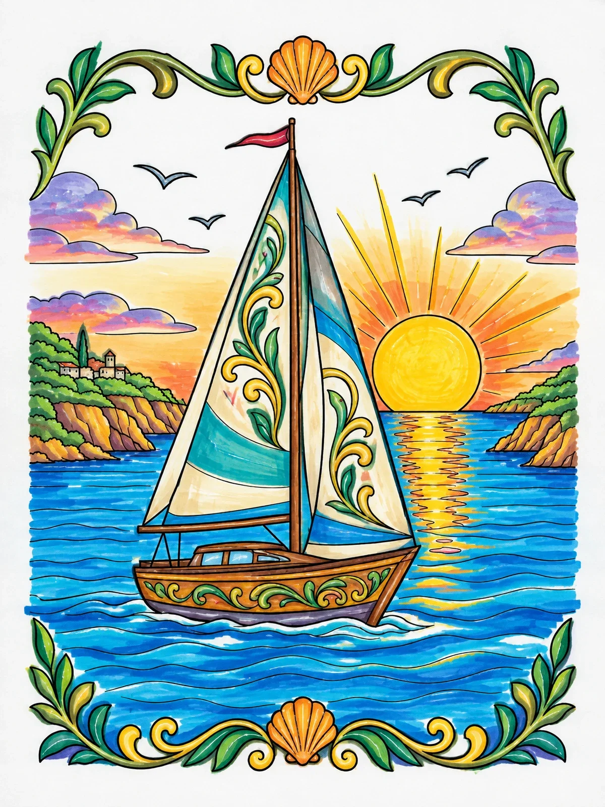 Colored example of the Sailboat Cruising At Coastal Sunset coloring page