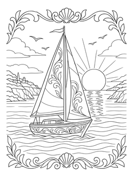 Free printable Sailboat Cruising At Coastal Sunset coloring page