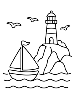 Free printable Sailboat And Lighthouse By The Sea coloring page
