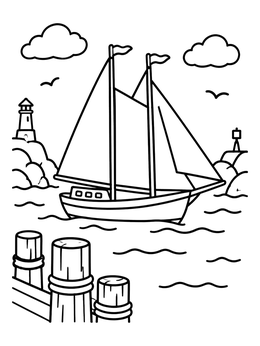 Free printable Sailboat Near Harbor Lighthouse coloring page