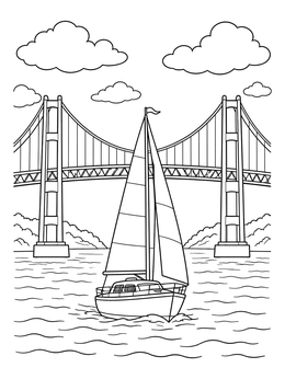 A detailed sail boat coloring page featuring a yacht cruising under a massive suspension bridge.