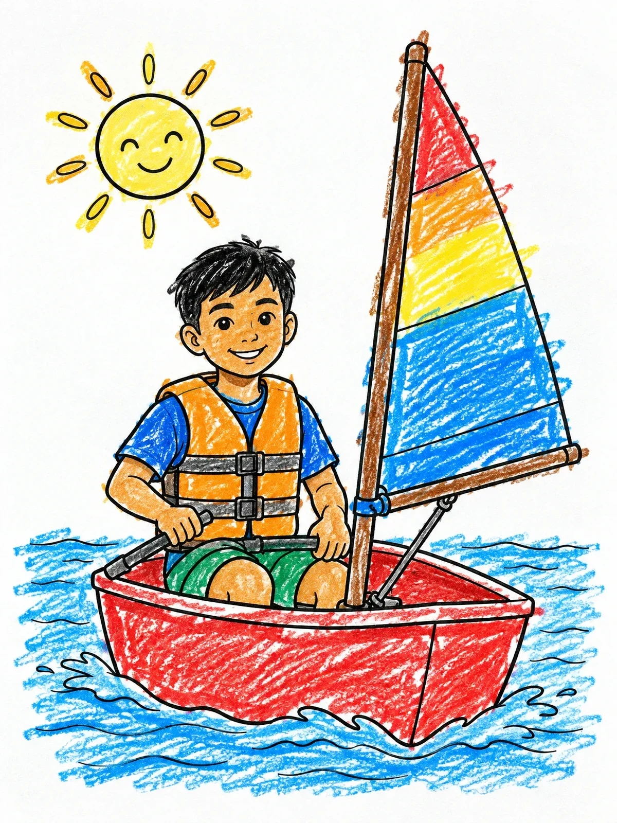 Colored example of the Boy Steering Small Sailboat coloring page