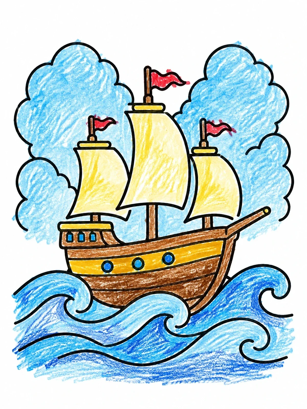 Colored example of the Cartoon Galleon On Ocean Waves coloring page