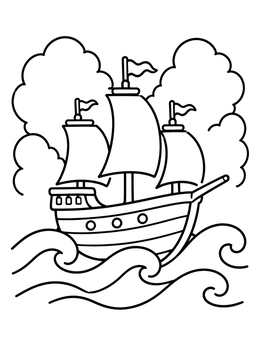 Free printable Cartoon Galleon On Ocean Waves coloring page