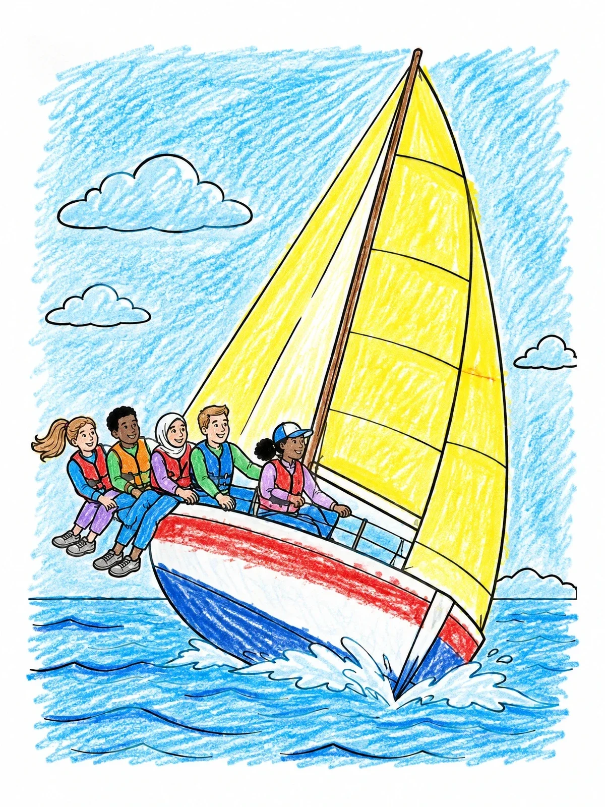 Colored example of the Crew Hiking On A Racing Sailboat coloring page