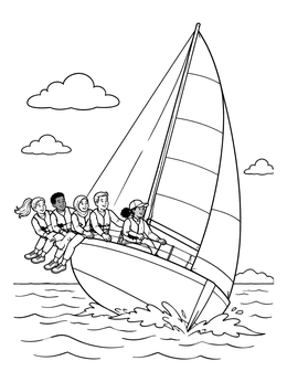 Free printable Crew Hiking On A Racing Sailboat coloring page