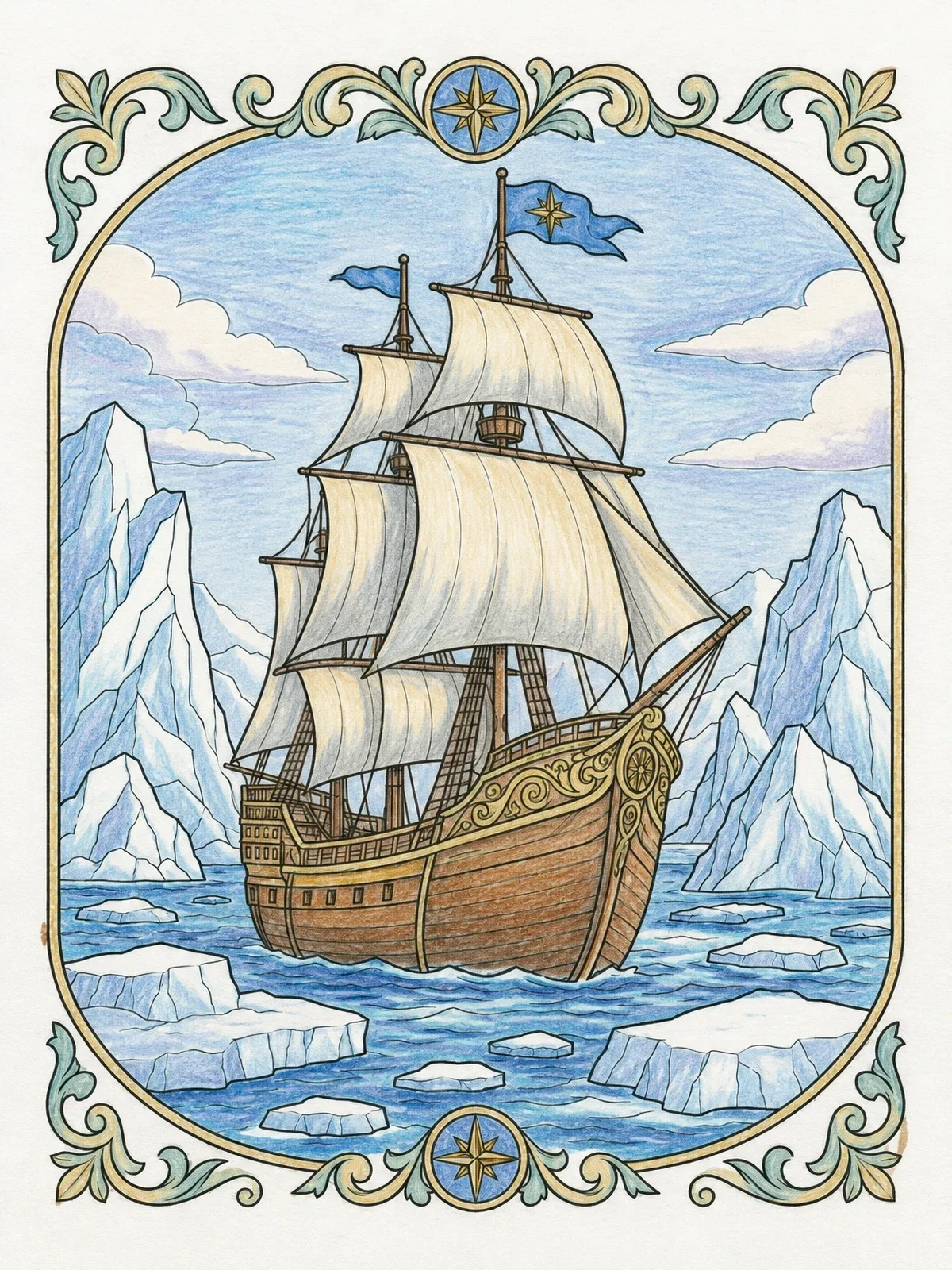 Colored example of the Explorer Ship Navigating Arctic Icebergs coloring page