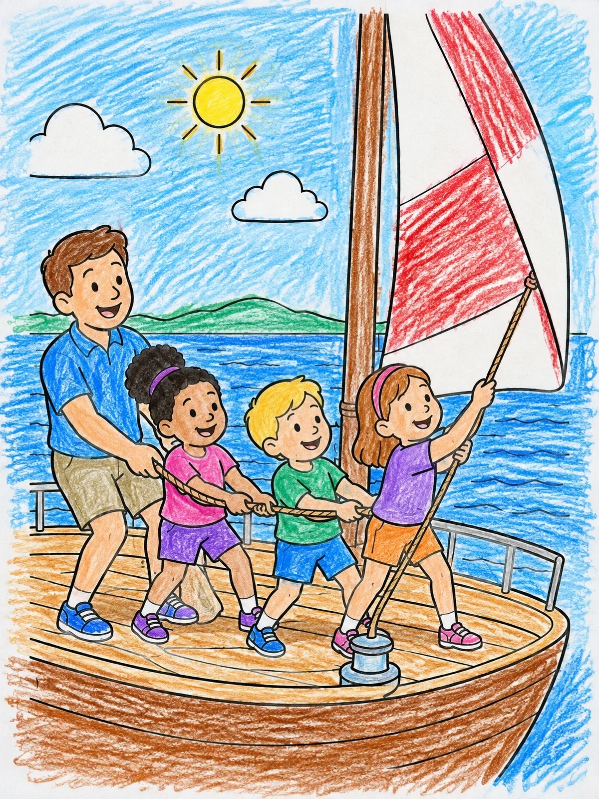 Colored example of the Family Hoisting Sail On Boat coloring page