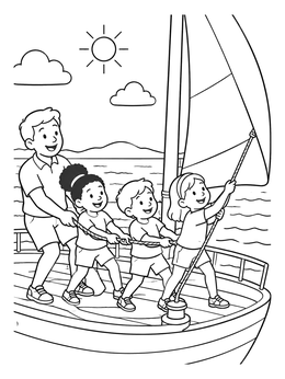 Free printable Family Hoisting Sail On Boat coloring page