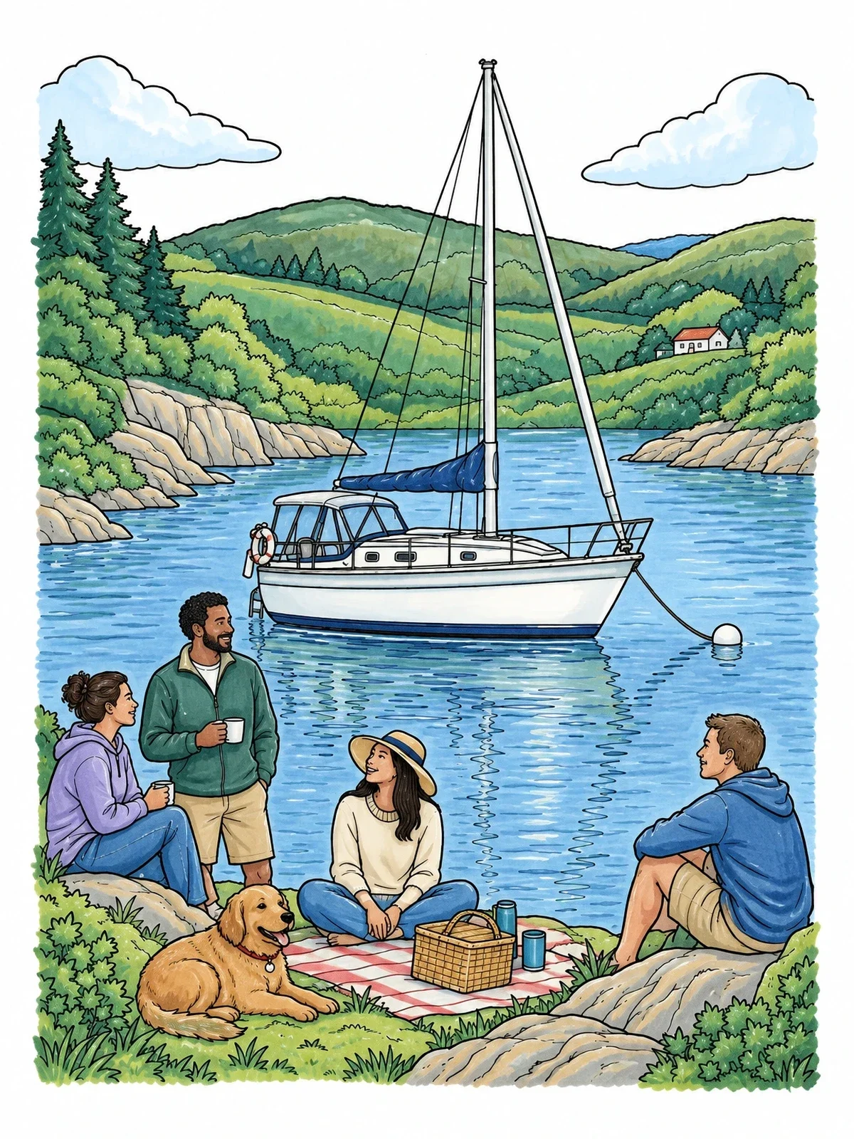 Colored example of the Family Picnic Beside A Moored Sailboat coloring page