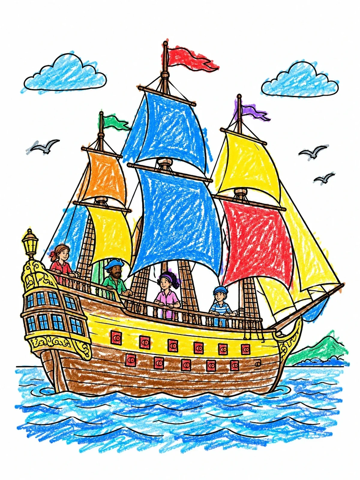 Colored example of the Sailing Frigate With Friendly Crew coloring page