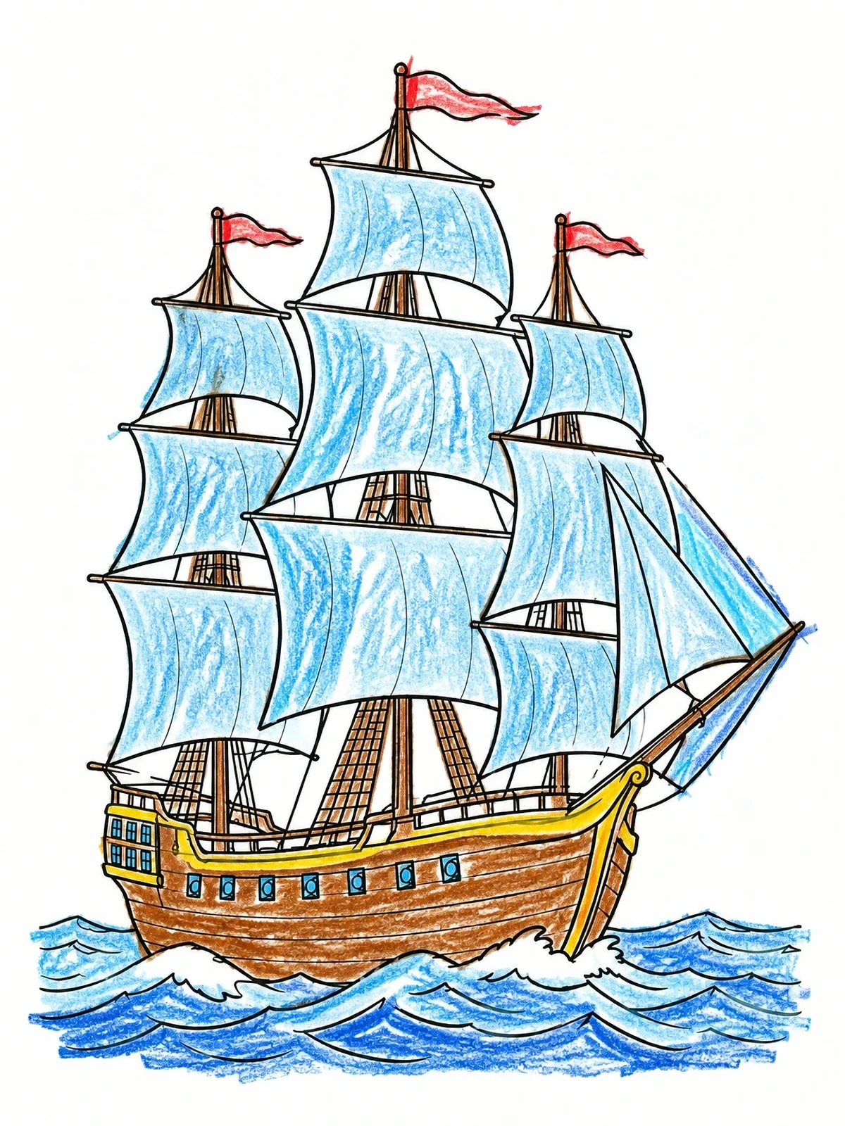 Colored example of the Historic Tall Ship On Ocean Waves coloring page