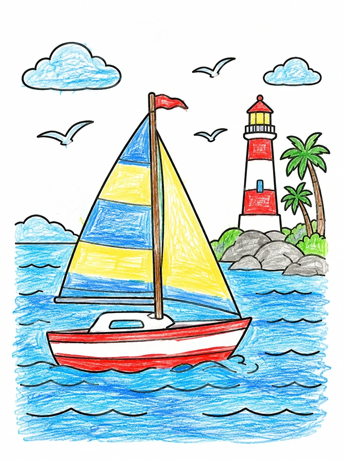 Colored example of the Sailboat Near Lighthouse Coast coloring page