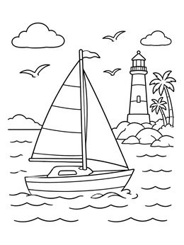Free printable Sailboat Near Lighthouse Coast coloring page