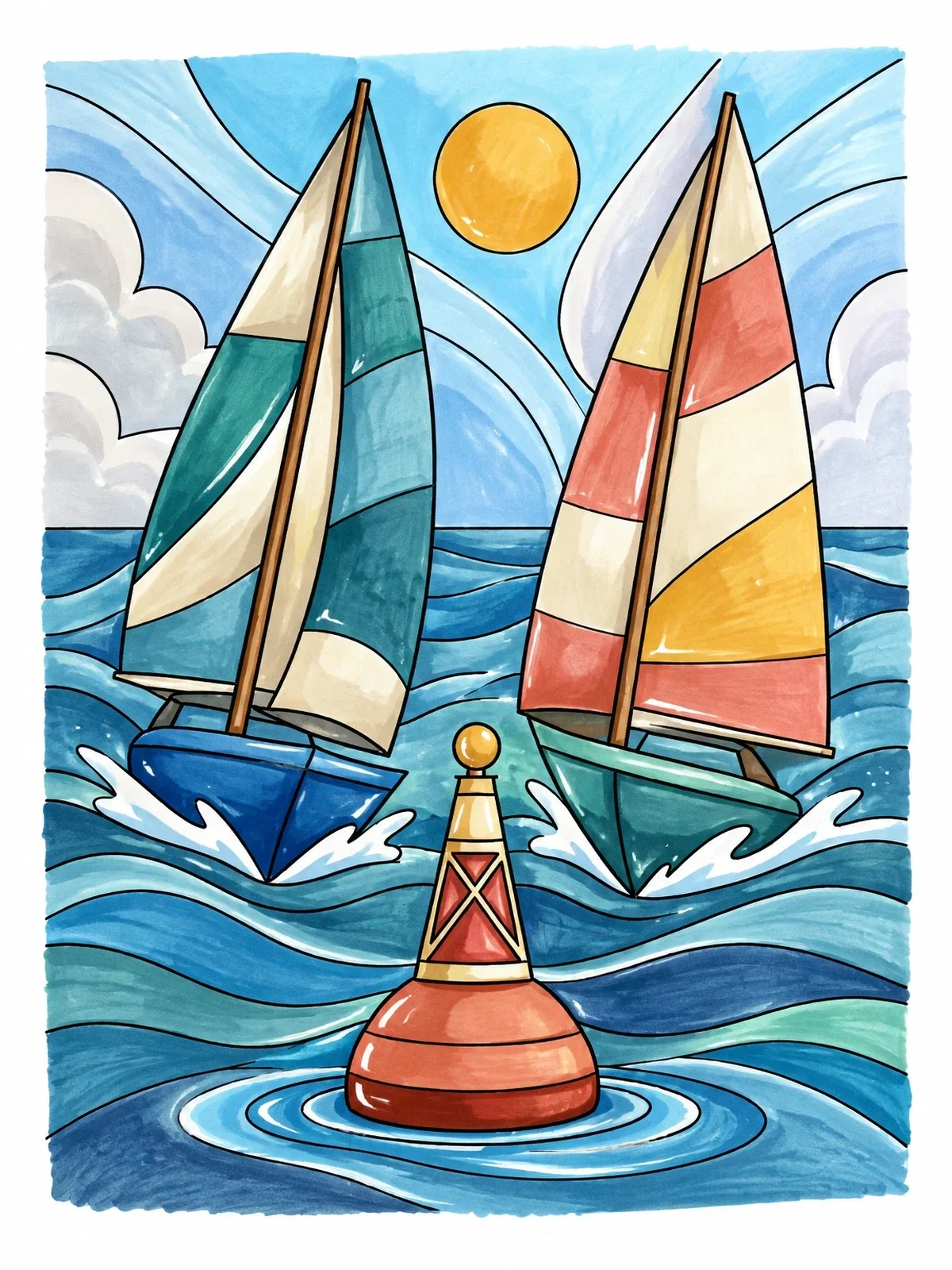 Colored example of the Sailboats Racing Around A Marker Buoy coloring page