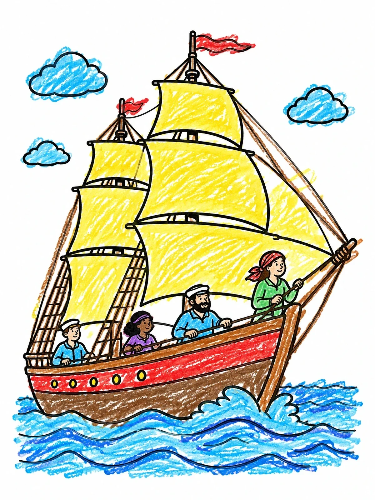 Colored example of the Sailors On A Tall Ship coloring page