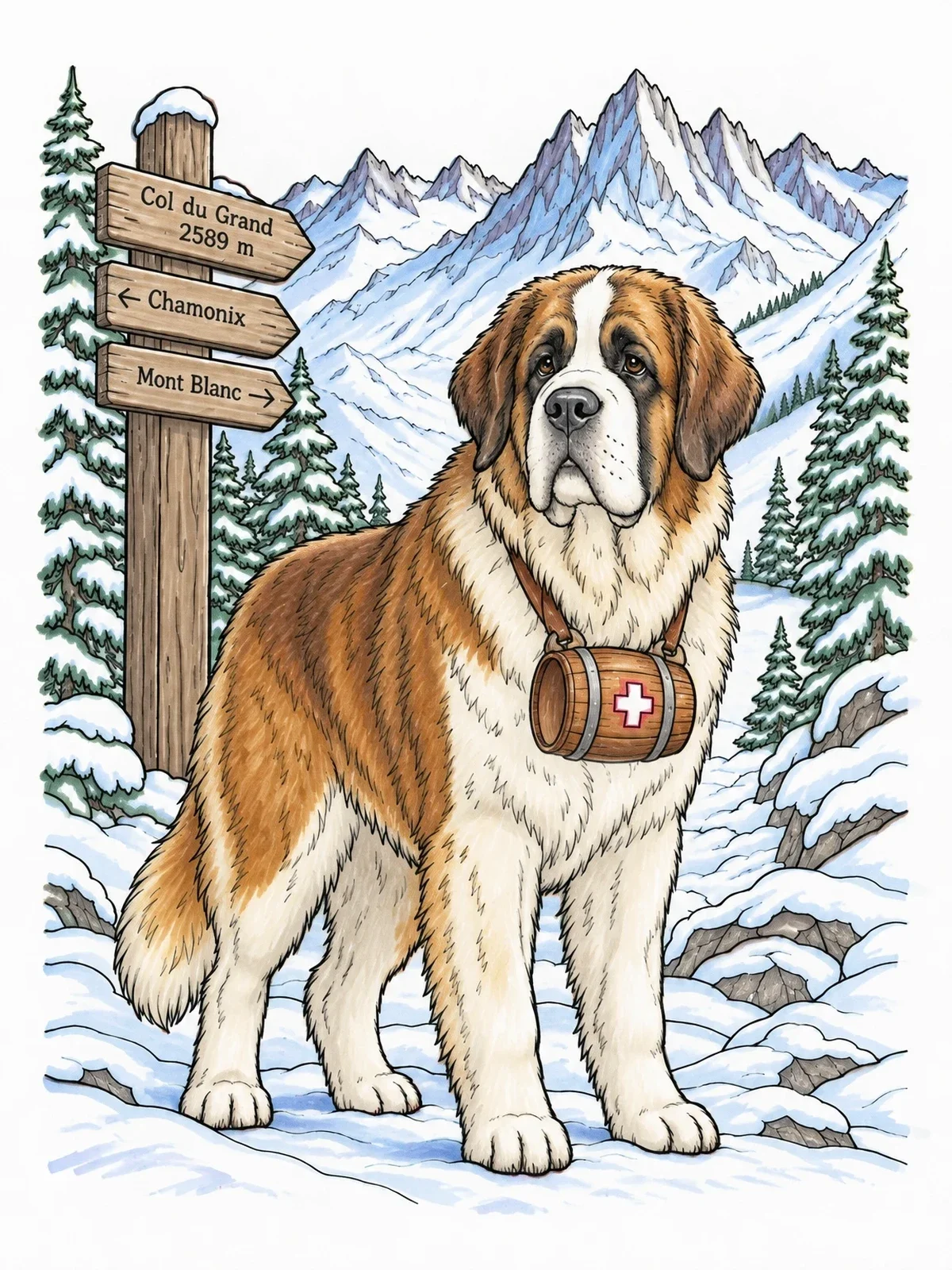 Colored example of the Saint Bernard On Alpine Trail coloring page