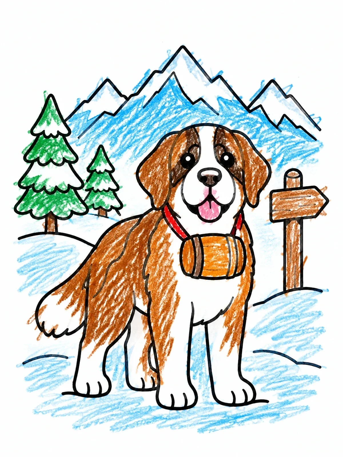 Colored example of the Saint Bernard In The Alpine Snow coloring page