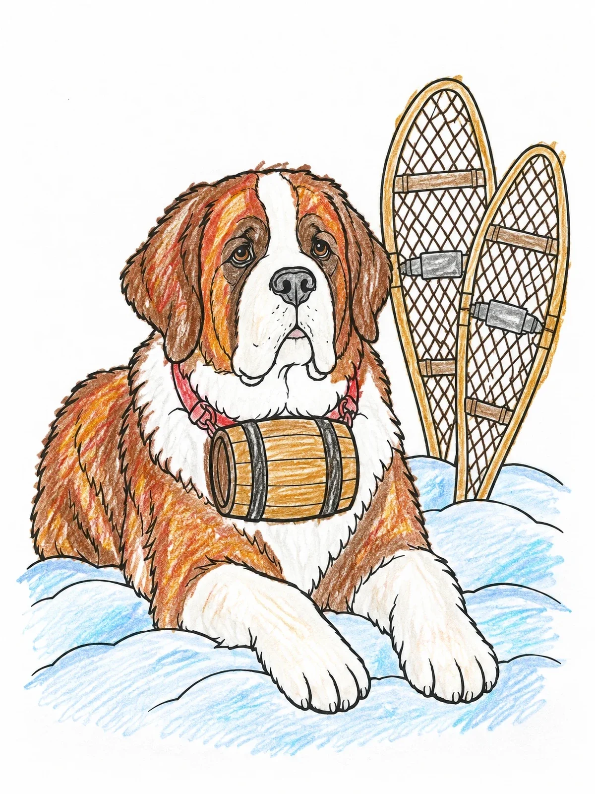 Colored example of the Saint Bernard Resting With Snowshoes coloring page