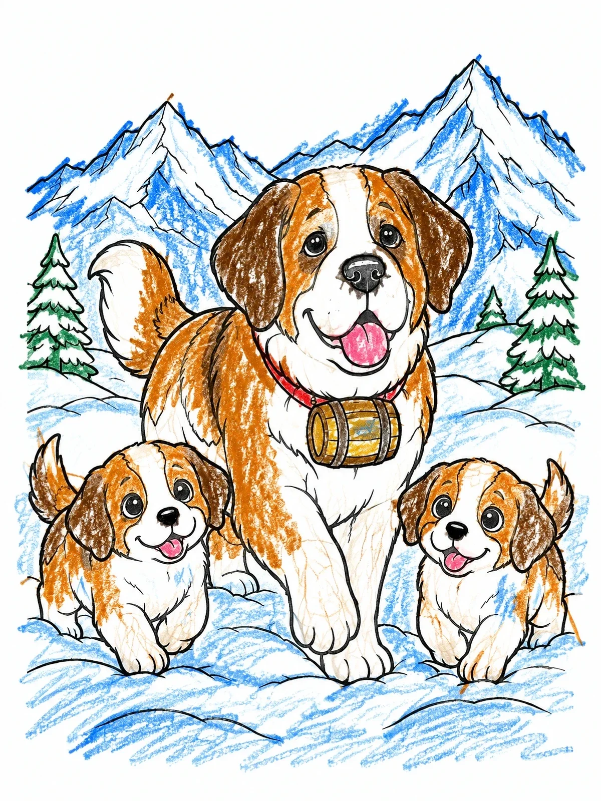 Colored example of the Saint Bernard And Playful Puppies In Snow coloring page