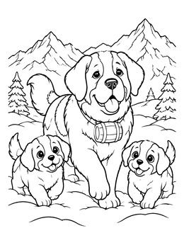 Free printable Saint Bernard And Playful Puppies In Snow coloring page