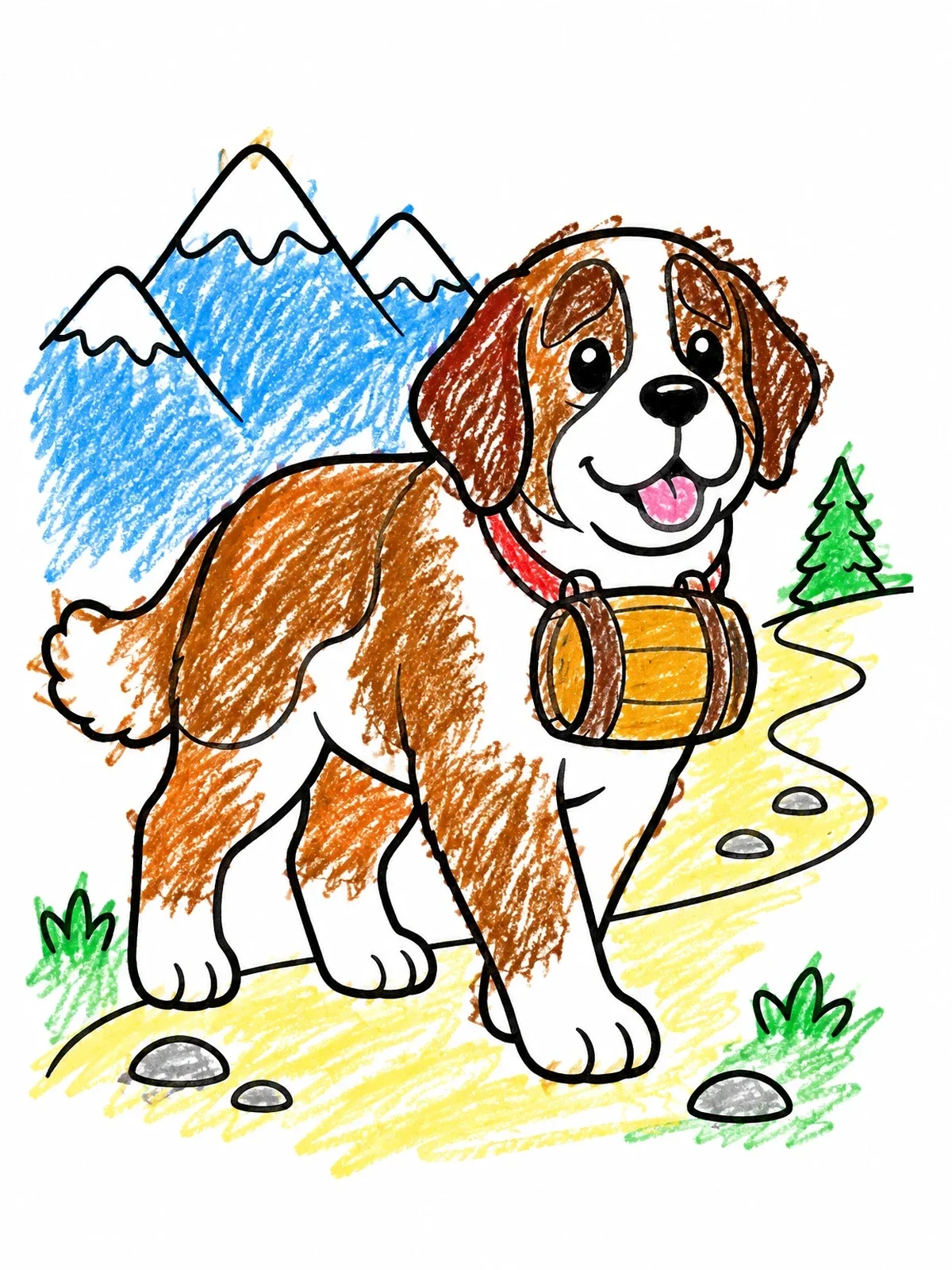 Colored example of the Saint Bernard Hiking In Mountains coloring page
