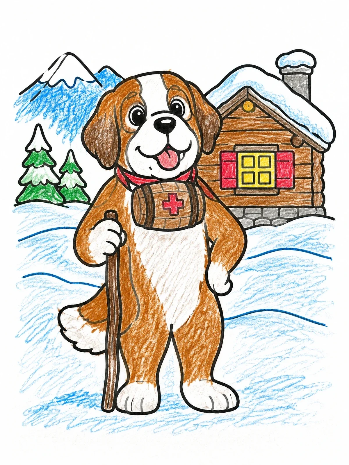 Colored example of the Saint Bernard Hiking In The Snow coloring page